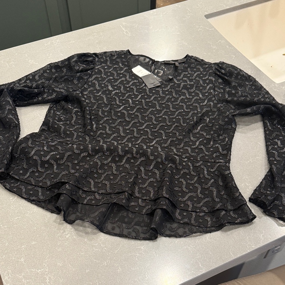 BCBGMaxAzria Black Sheer Ruffle-Hem Blouse